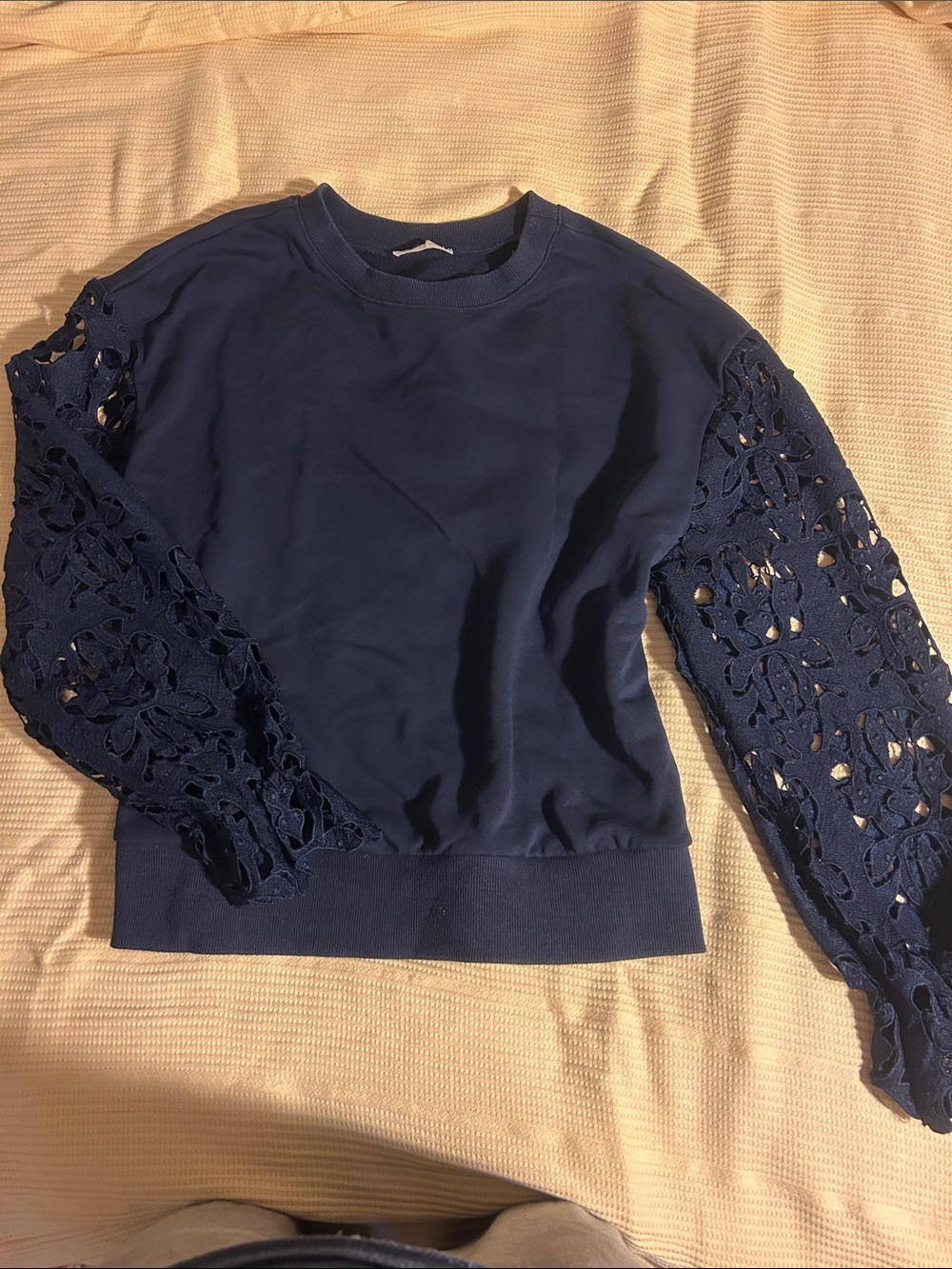 Navy Lace-Sleeve Crewneck Sweater
